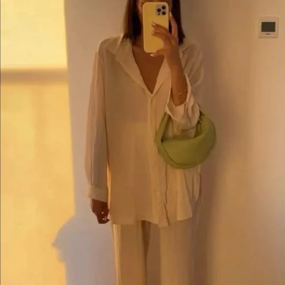 Shirt Pants 2 PC SET wide leg loose button collar spring summer womens cream - Picture 6 of 13